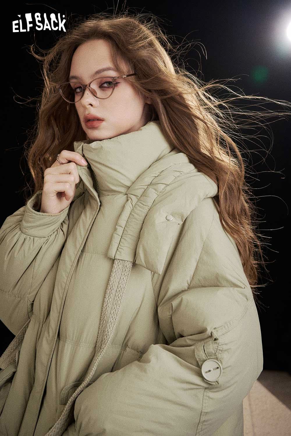ELFSACK nylon long hooded down coat in light green with stylish design and oversized fit