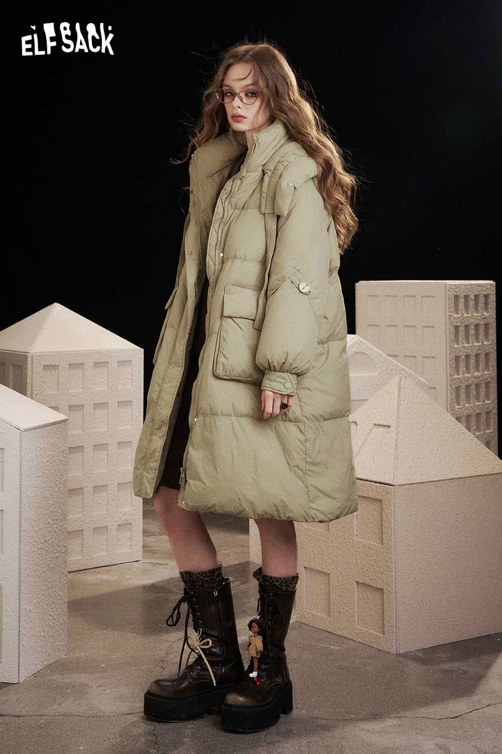 ELFSACK nylon long hooded down coat in light green, featuring spacious pockets and a cozy design