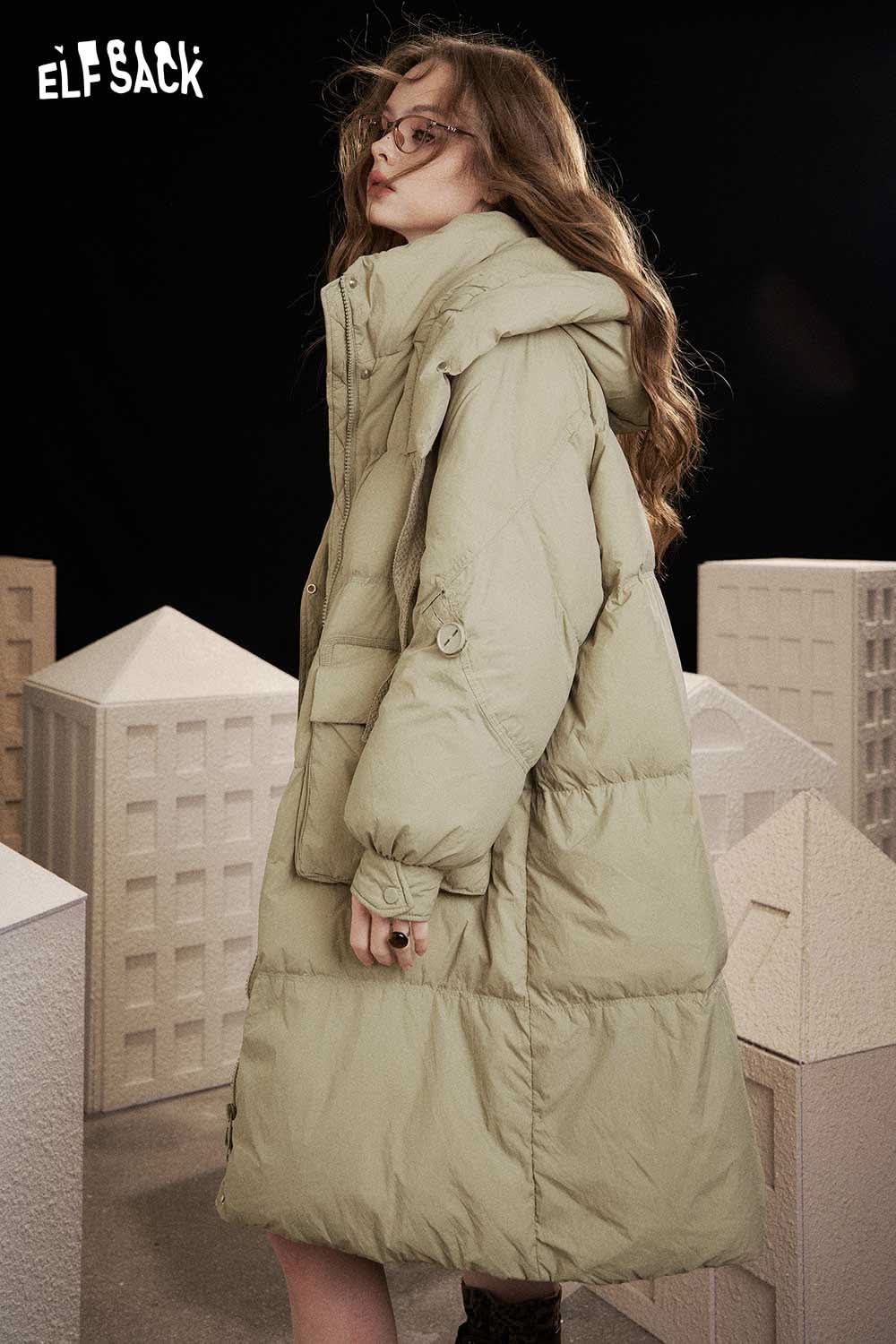ELFSACK nylon long hooded down coat in light green, featuring a layered design and side pockets