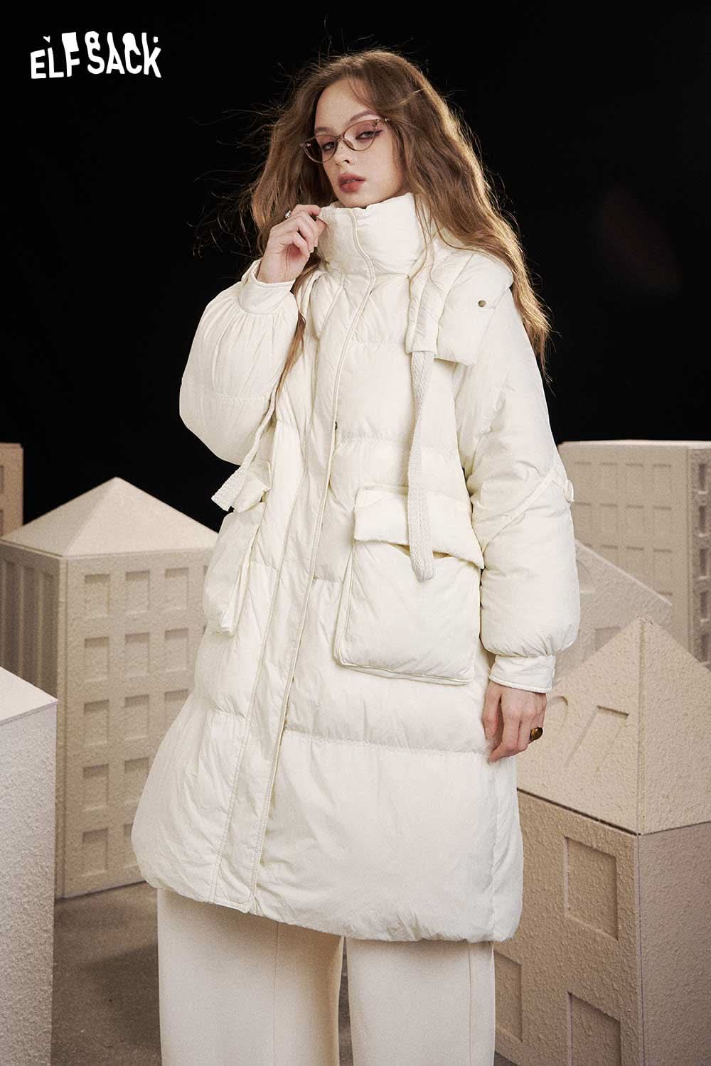 ELFSACK nylon long hooded down coat in white with oversized pockets for winter warmth