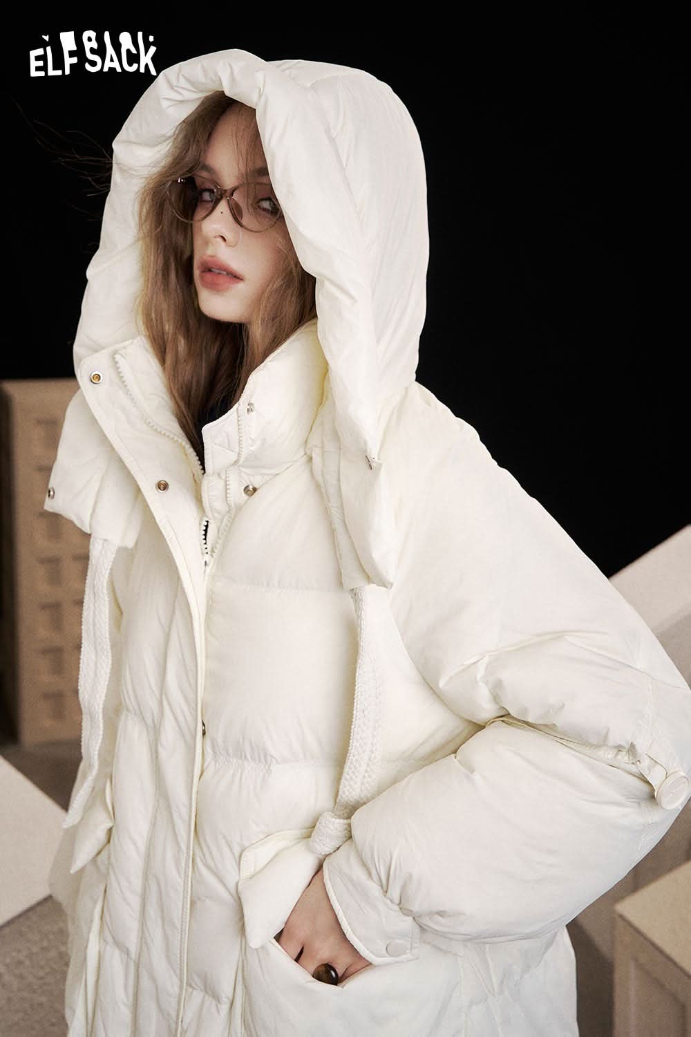 ELFSACK nylon long hooded down coat in white with a cozy oversized fit and spacious pockets