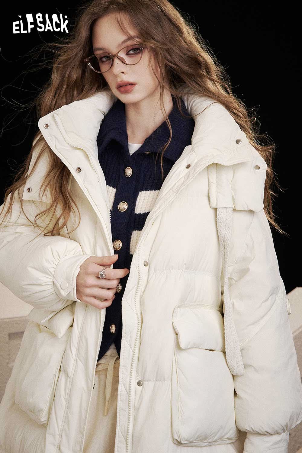ELFSACK nylon long hooded down coat in white with pockets for stylish winter warmth