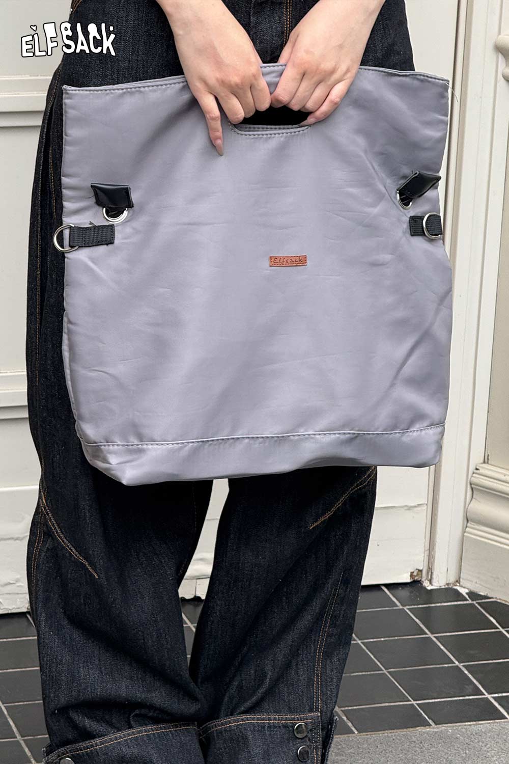 ELFSACK oversized nylon tote bag with sturdy handles in stylish gray color