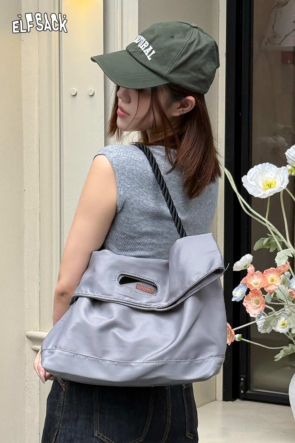 ELFSACK oversized nylon tote bag in soft gray fabric with comfortable shoulder strap