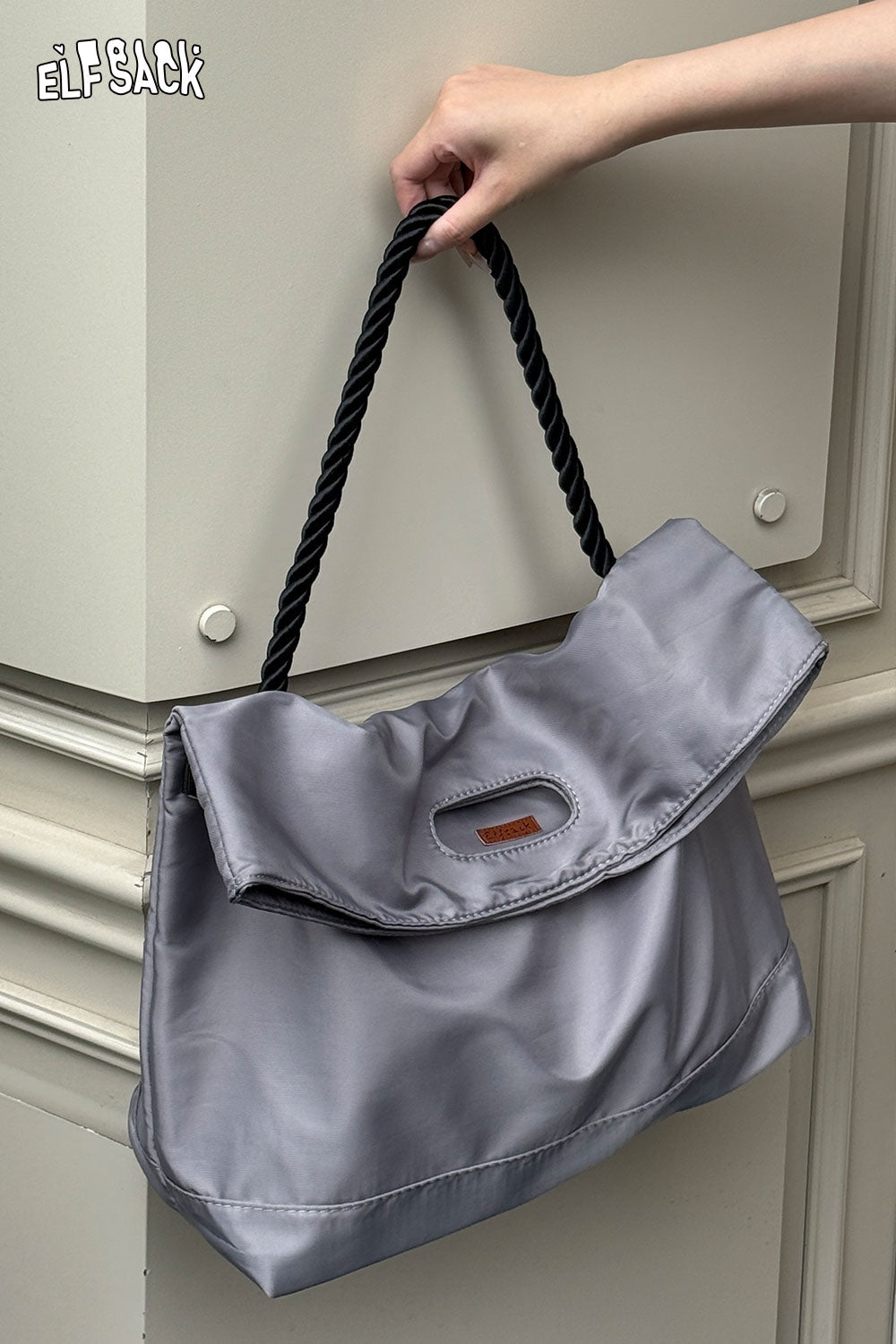 ELFSACK oversized nylon tote bag with a stylish fold-over design and braided handles