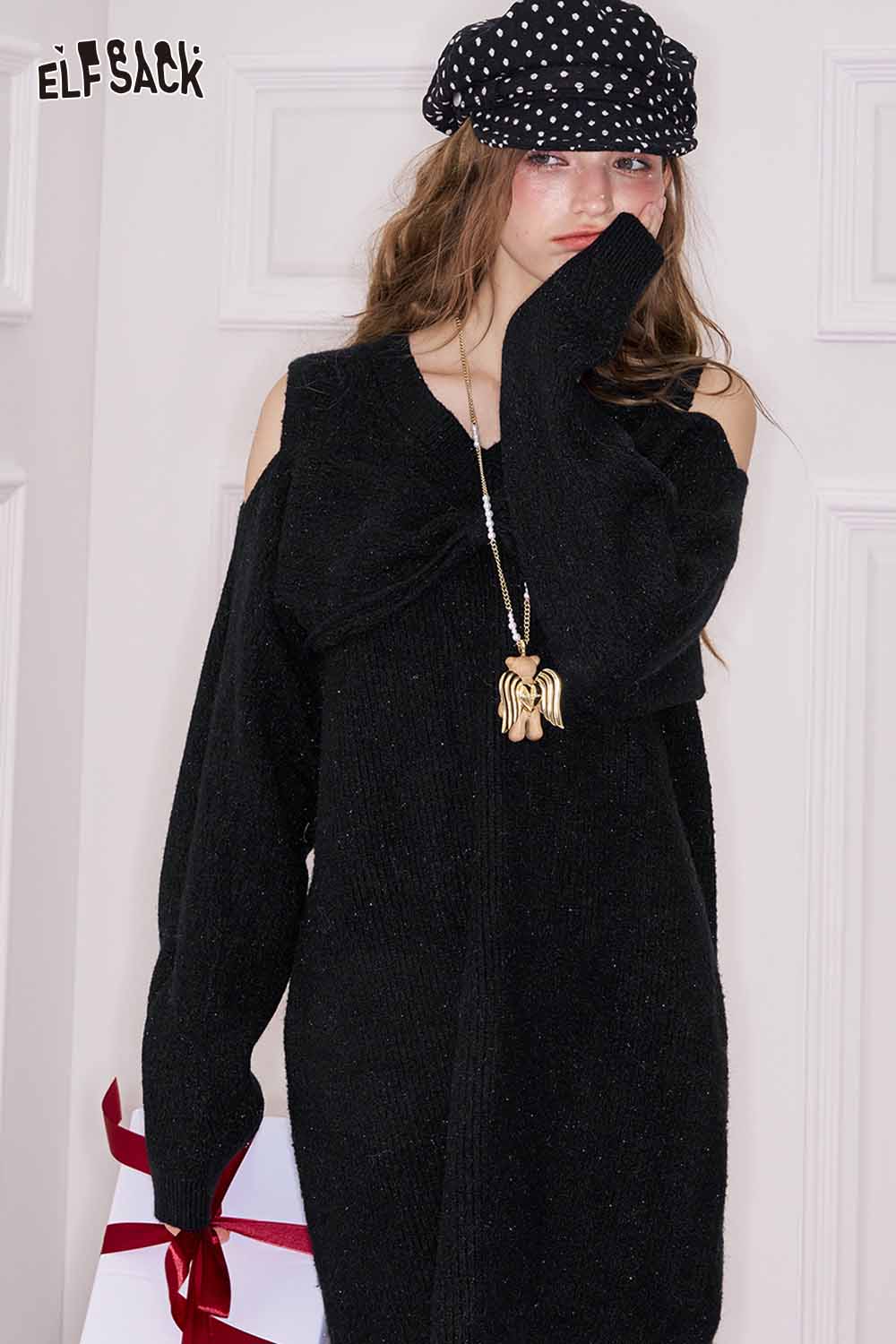 ELFSACK off shoulder heart embellished dress in black with stylish long sleeves and a cozy design