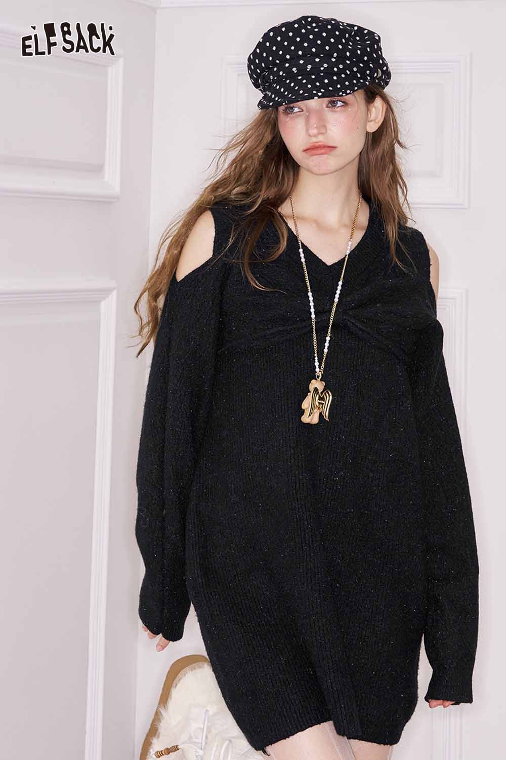 ELFSACK off shoulder heart embellished dress in black, perfect for a chic and stylish look