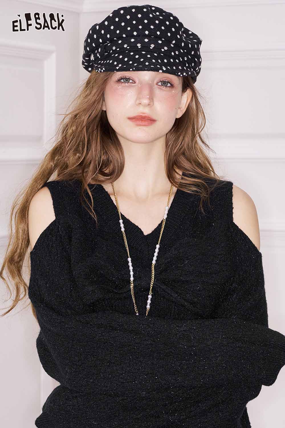 ELFSACK off shoulder heart embellished dress in black with stylish cutouts and trendy accessories