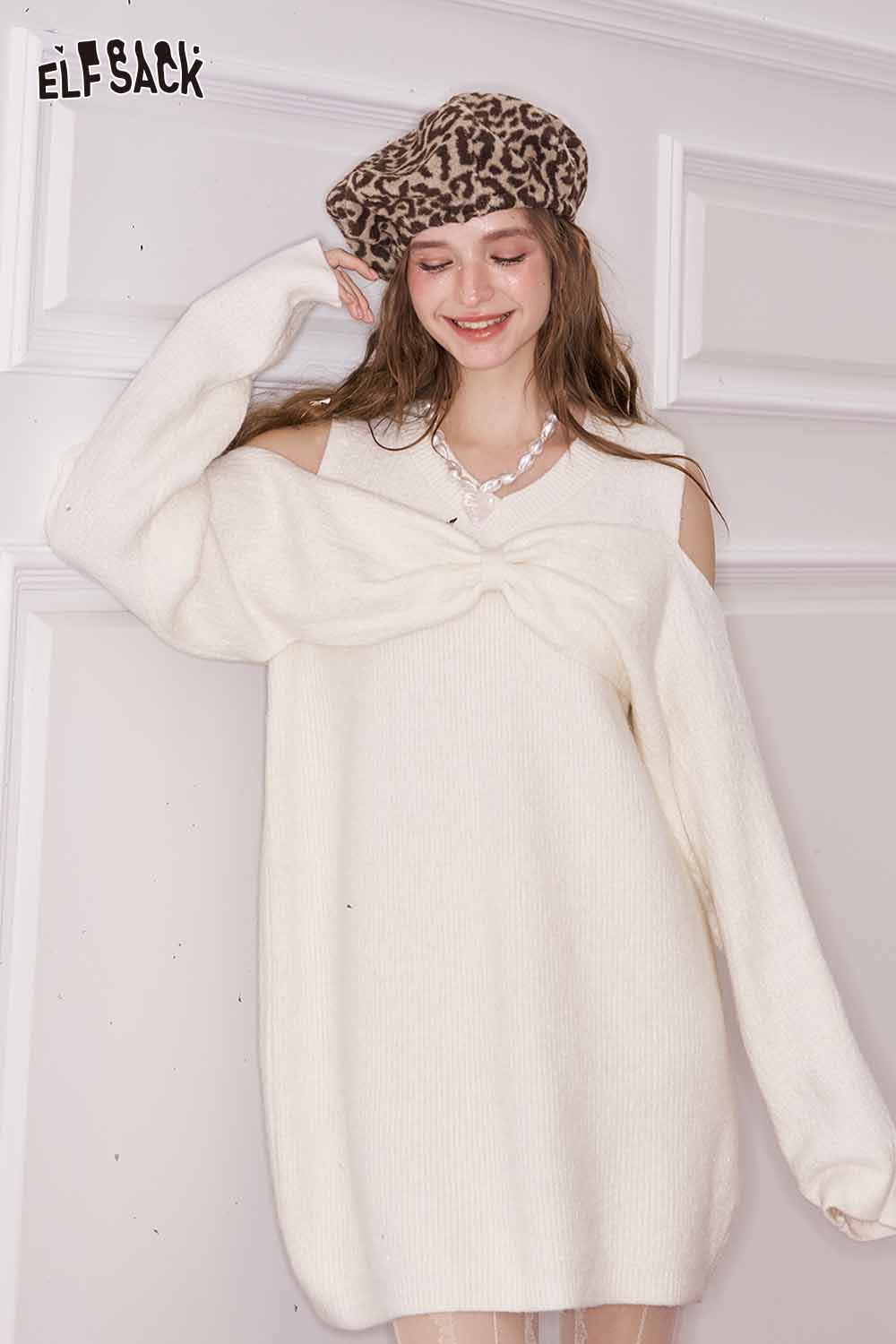 ELFSACK off shoulder heart embellished dress in white with stylish cutouts and cozy fit