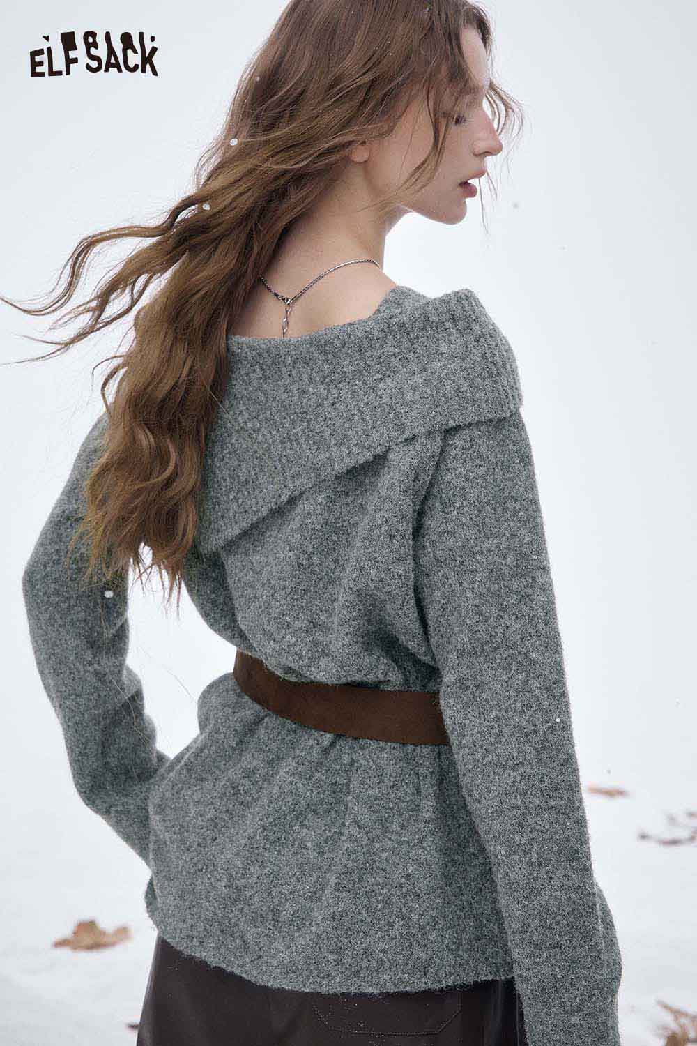 ELFSACK off shoulder knit sweater for women in gray with a stylish belted design