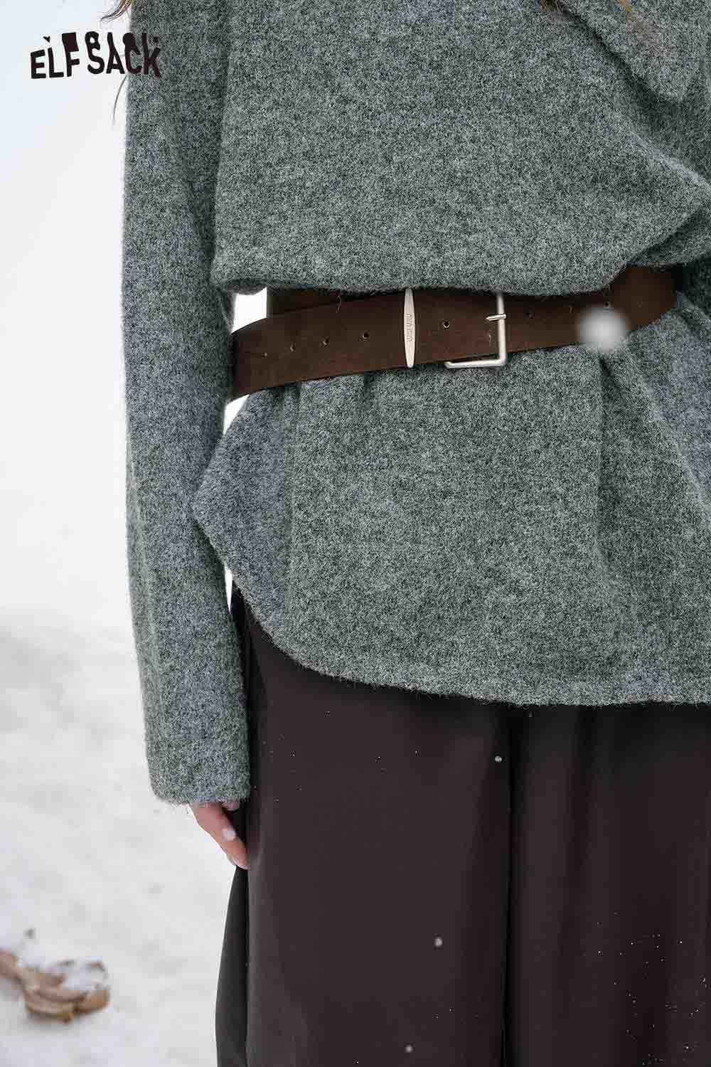 Elegant ELFSACK off shoulder knit sweater for women with a stylish belt and textured fabric