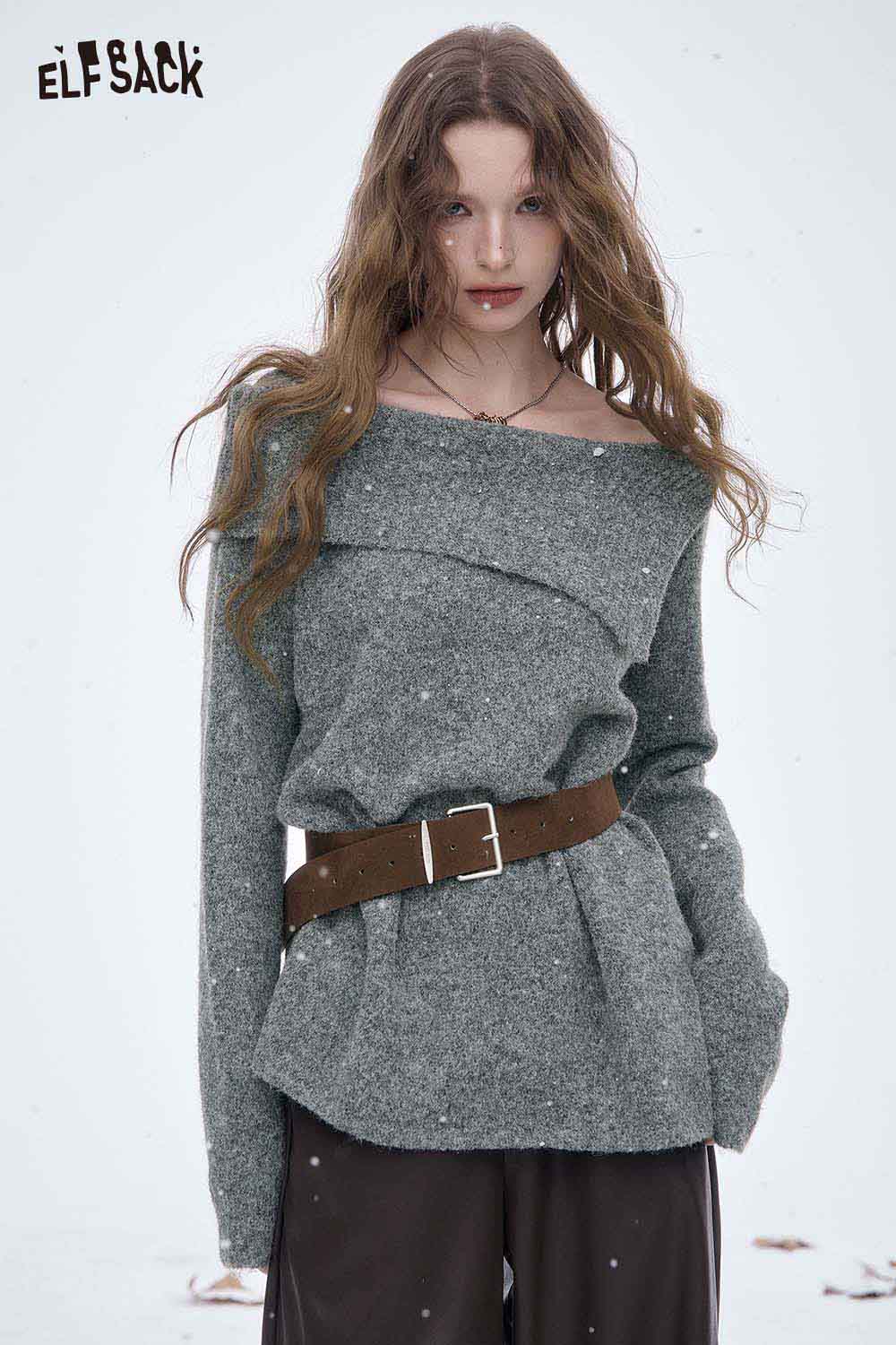 ELFSACK off shoulder knit sweater for women in gray with a stylish belt and a relaxed fit