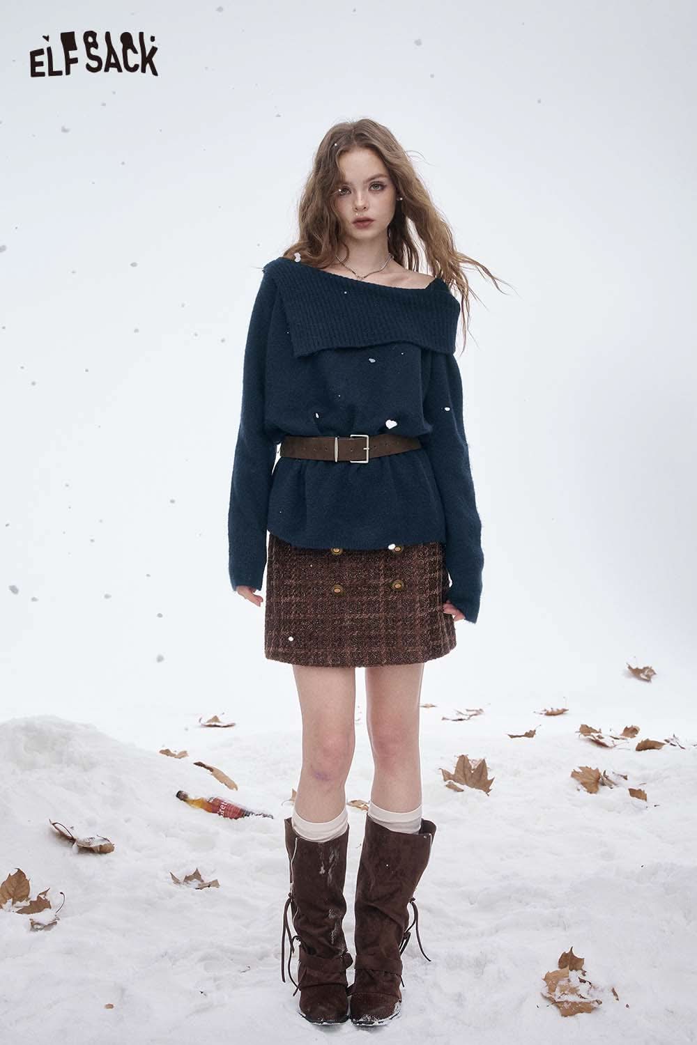 ELFSACK off shoulder knit sweater for women paired with a plaid skirt and brown knee-high boots