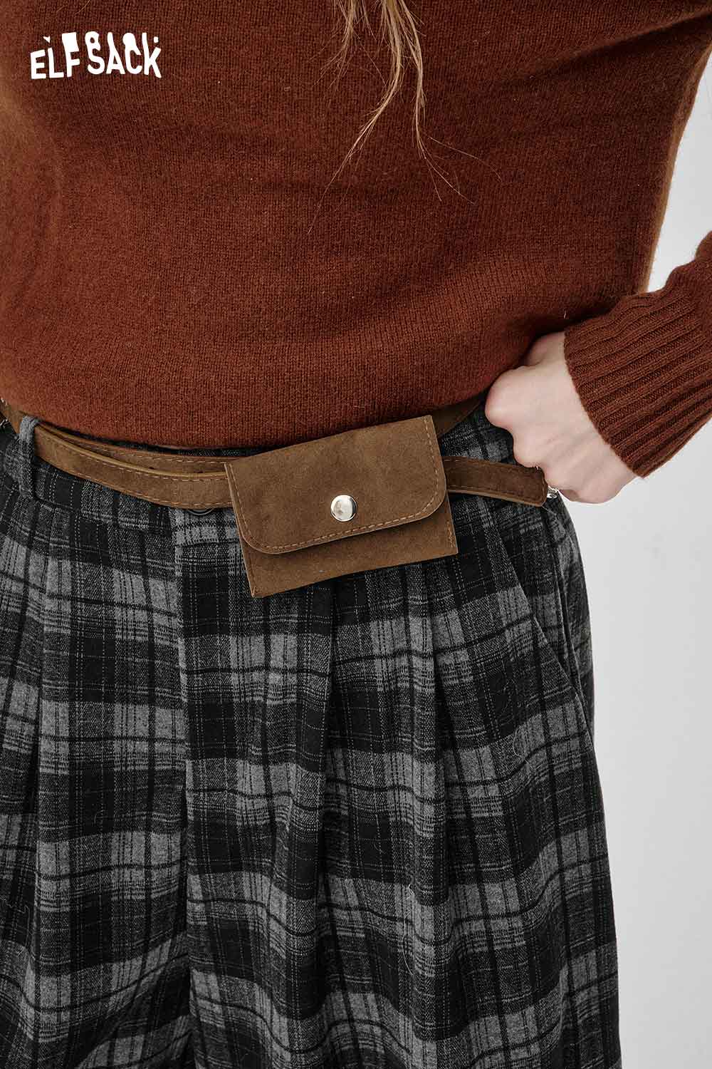 ELFSACK off-the-shoulder oversized knit sweater styled with plaid pants for a chic look
