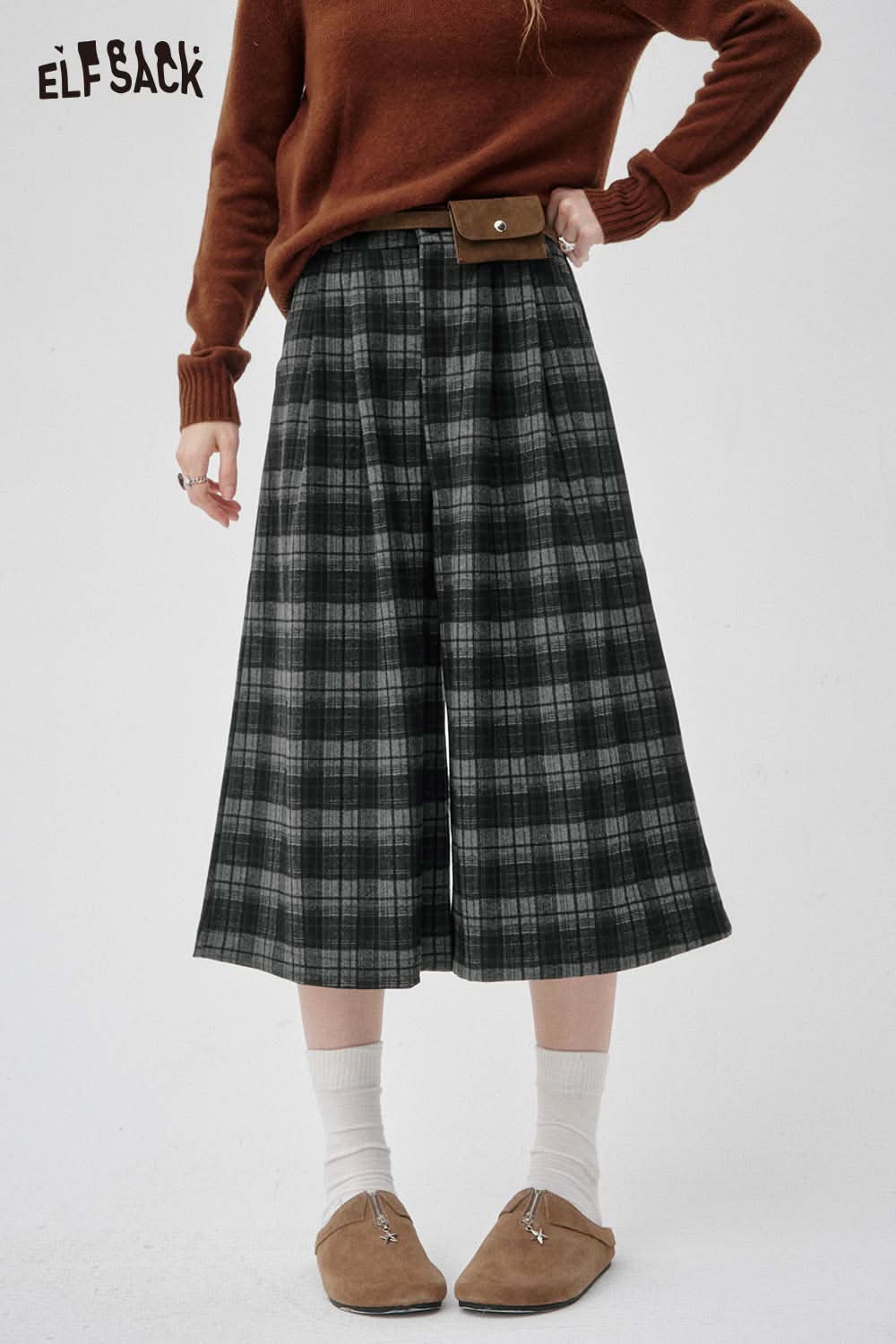 ELFSACK plaid wide-leg pants styled with an off-the-shoulder oversized knit sweater for a chic look