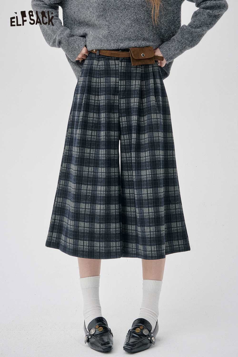 ELFSACK Off-the-Shoulder Oversized Knit Sweater Styled with Plaid Culottes and Loafers