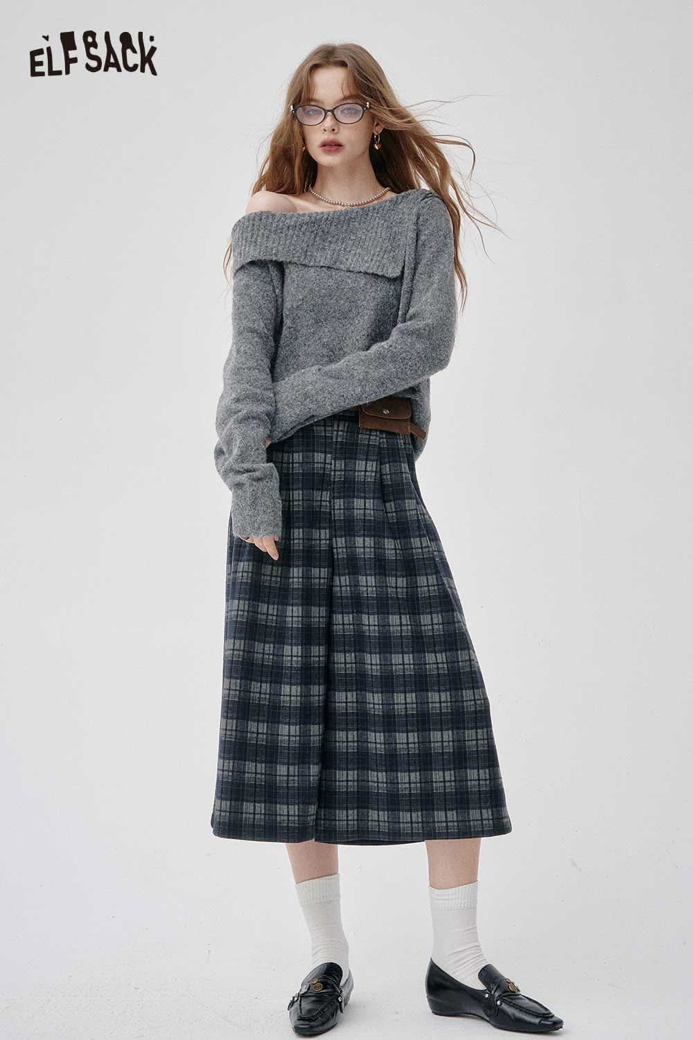 ELFSACK off-the-shoulder oversized knit sweater paired with plaid midi skirt for a stylish outfit