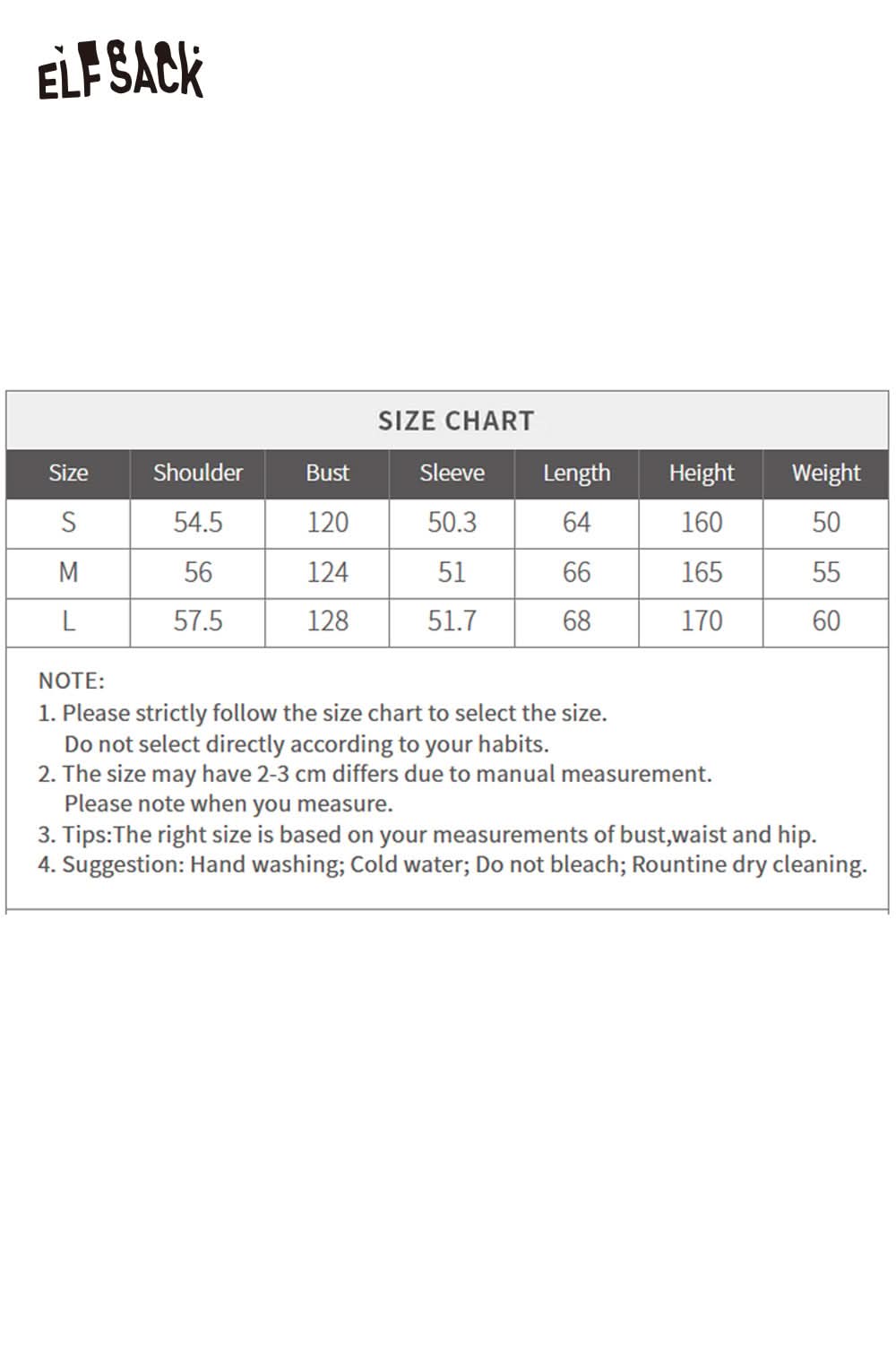 ELFSACK oil painting hoodie for women featuring a size chart for accurate fitting options