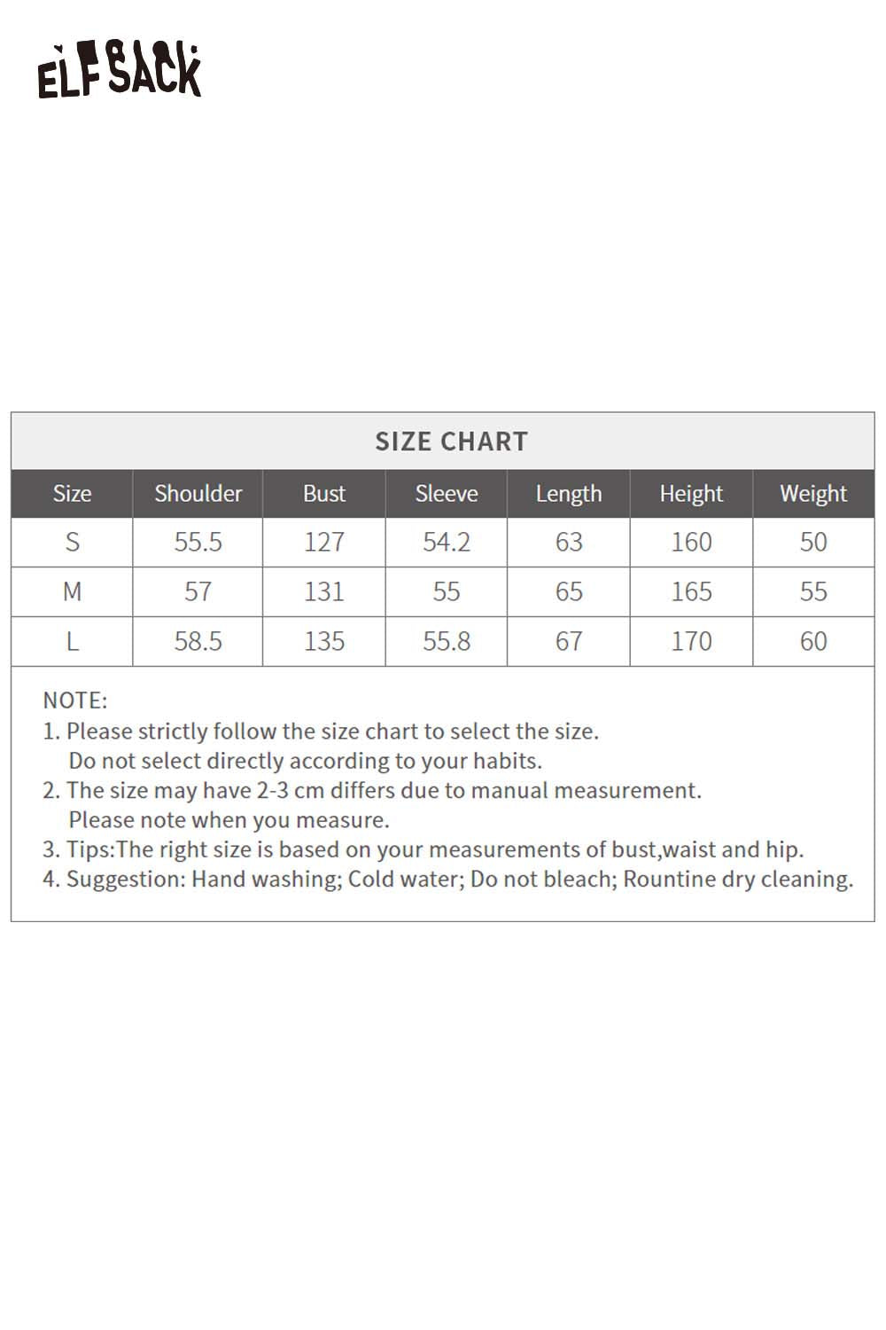 Size chart for ombre faux leather jacket for women by ELFSACK, detailing measurements for small, medium, and large