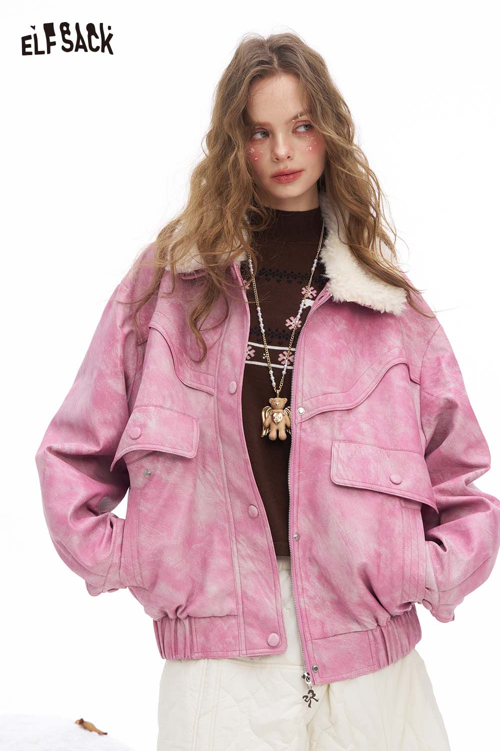 Ombre faux leather jacket for women by ELFSACK in soft pink with a cozy fur collar