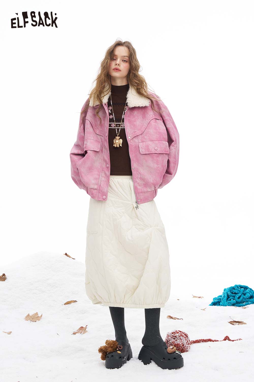 Ombre faux leather jacket for women by ELFSACK, featuring a stylish pink color and cozy fur collar