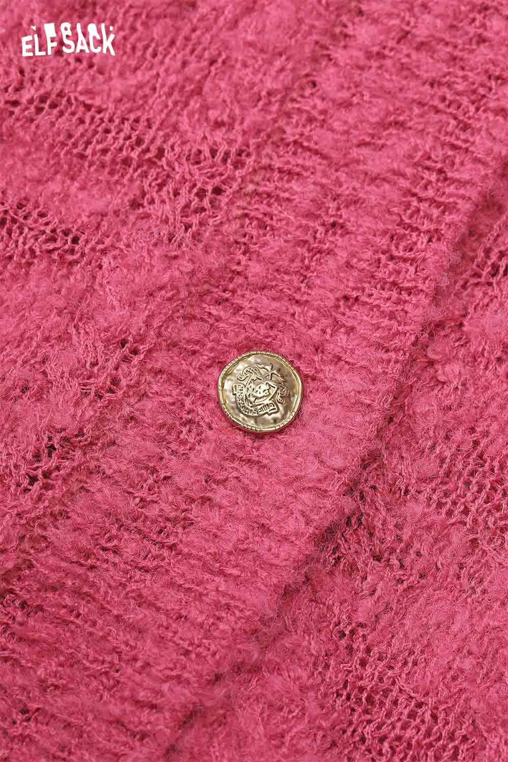 ELFSACK open knit cardigan with bows in pink featuring a decorative button detail