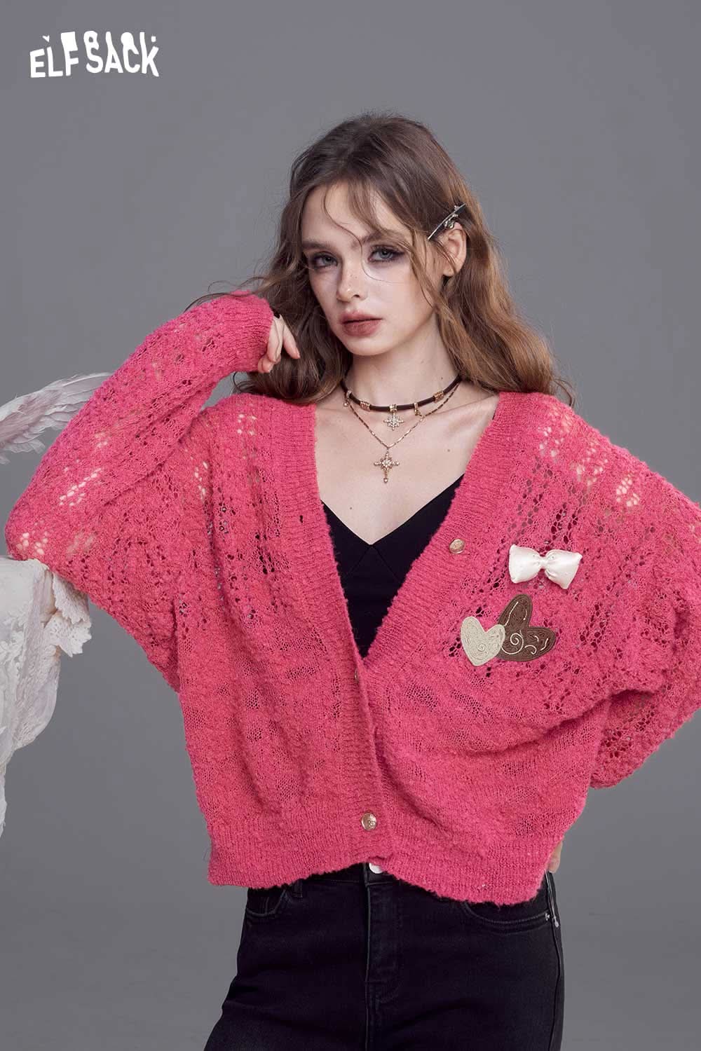 ELFSACK open knit cardigan with bows in pink featuring a relaxed fit and decorative buttons
