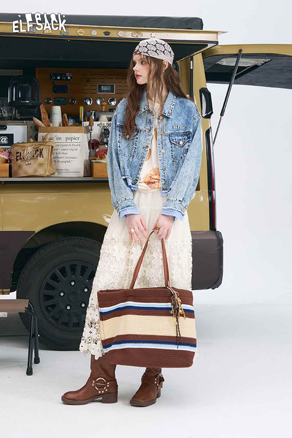 ELFSACK colorblock raglan top for women styled with denim jacket lace skirt striped tote and brown boots