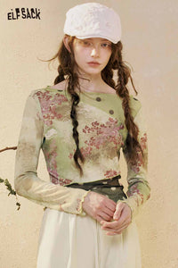 ELFSACK Oriental Floral Polka Dot Patchwork Long Sleeve Top