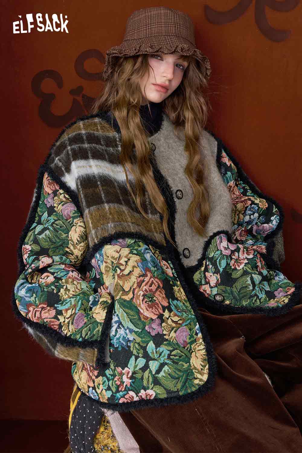 ELFSACK oriental patchwork floral coat with vibrant floral designs and oversized fit for a cozy style