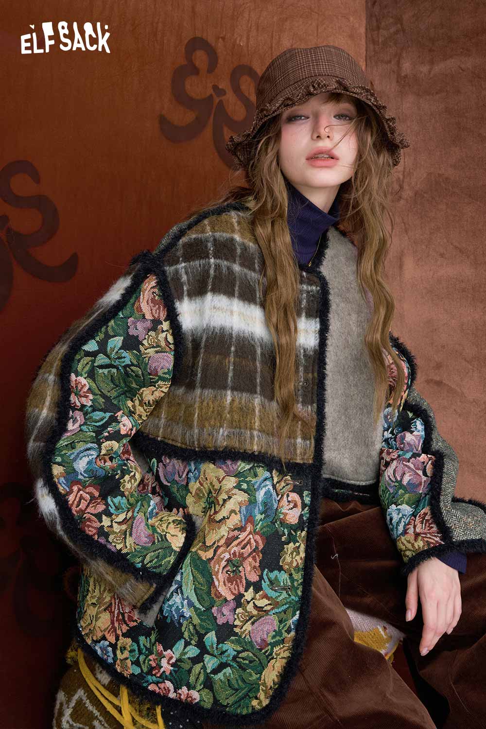 ELFSACK oriental patchwork floral coat featuring vibrant floral designs and a stylish plaid pattern