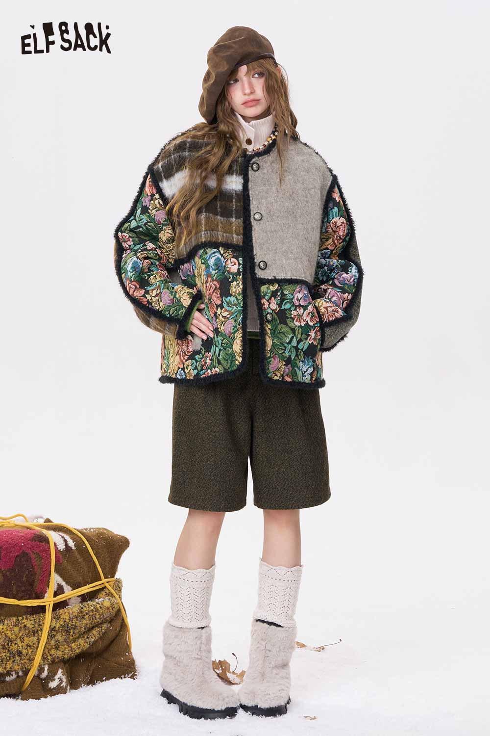 ELFSACK oriental patchwork floral coat featuring a blend of fabrics and vibrant floral patterns