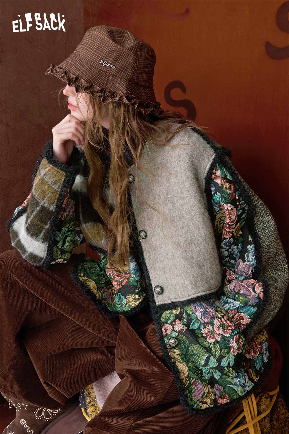 ELFSACK oriental patchwork floral coat featuring vibrant floral designs and a cozy, oversized fit