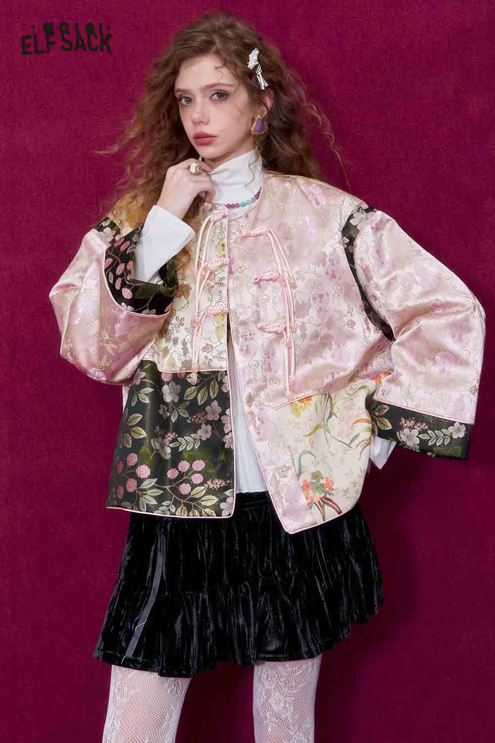 ELFSACK oriental satin jacquard jacket featuring intricate floral designs and a stylish oversized fit
