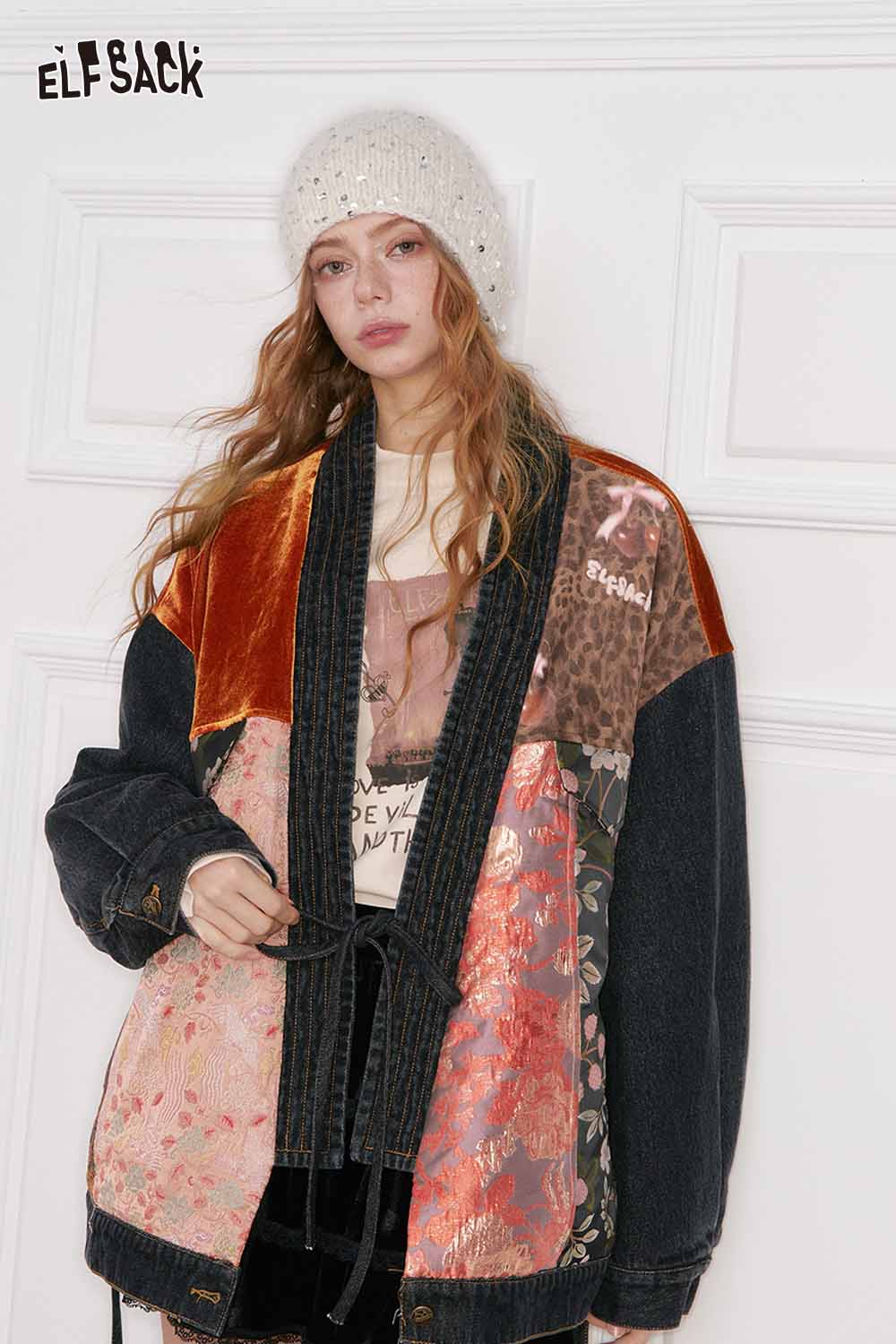 ELFSACK oriental vintage suede coat for women with mixed fabric patterns and a stylish design