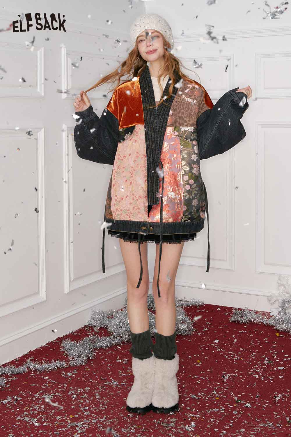 ELFSACK oriental vintage suede coat for women with a stylish patchwork design and comfortable fit