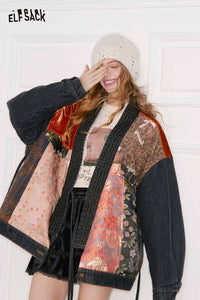 ELFSACK oriental vintage suede coat for women featuring a unique patchwork design and comfortable fit
