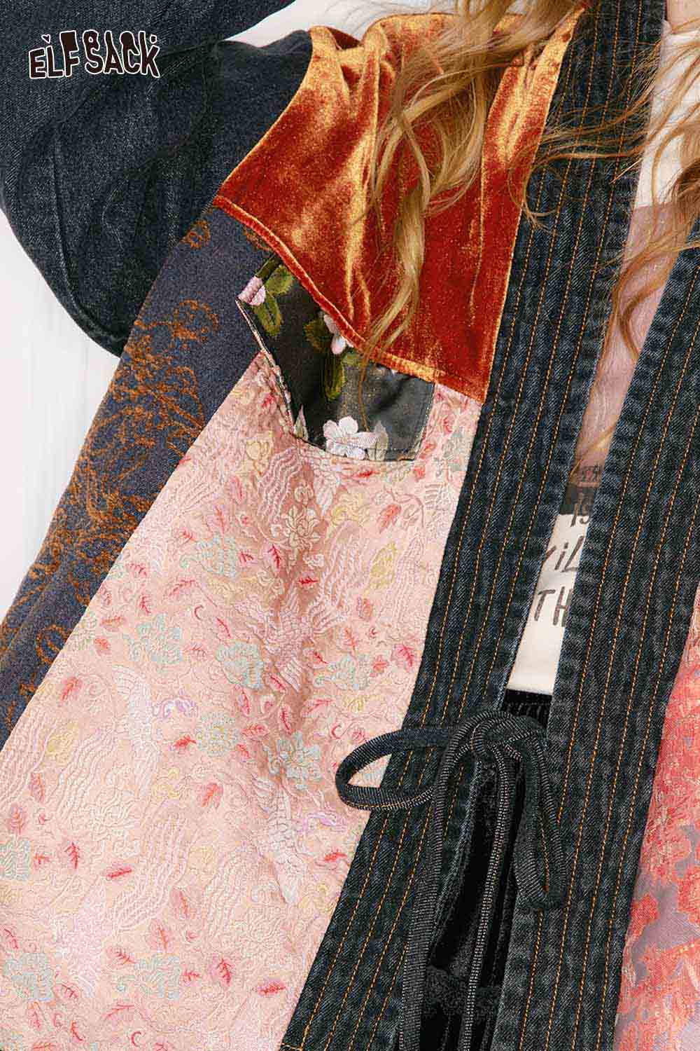 ELFSACK oriental vintage suede coat for women featuring intricate embroidery and a stylish design