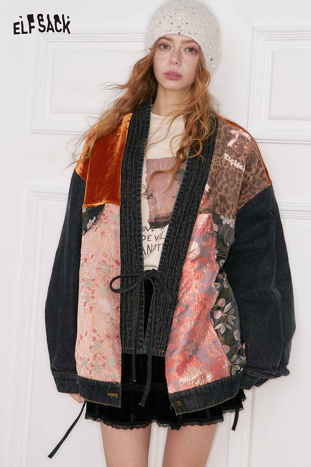 ELFSACK oriental vintage suede coat for women featuring a unique patchwork design and relaxed fit