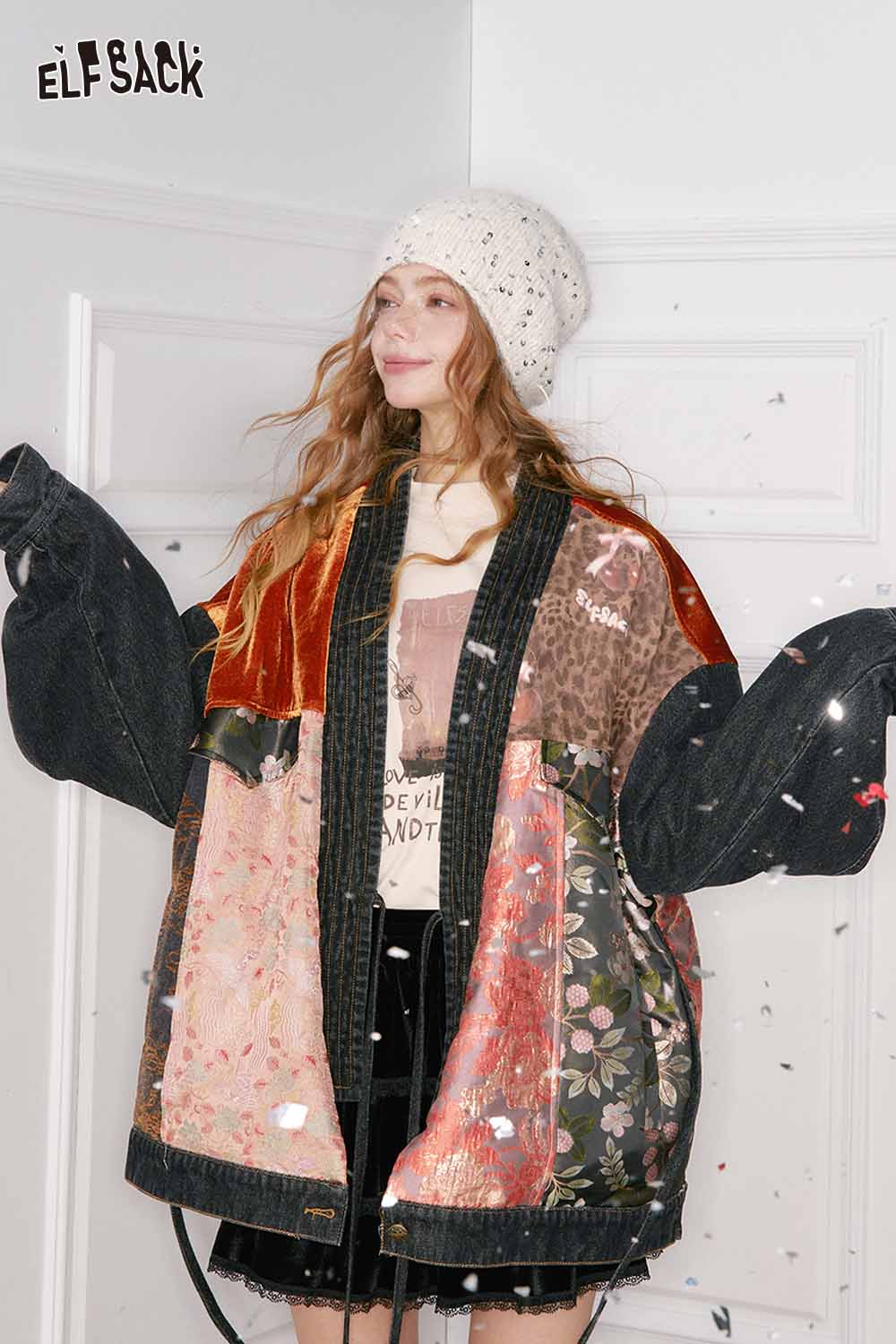 
                  
                    ELFSACK oriental vintage suede coat for women with unique patchwork design and oversized fit
                  
                