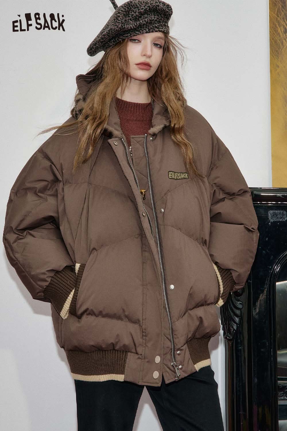 ELFSACK oversized animal ear puffer coat in brown with cozy insulation for winter fashion