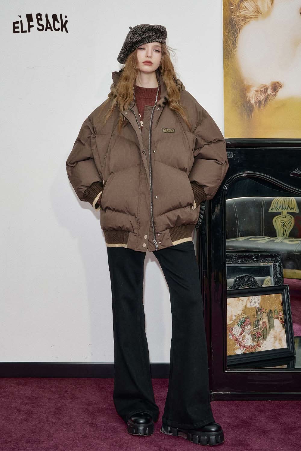 Comfortable ELFSACK oversized animal ear puffer coat in brown with trendy style for winter warmth