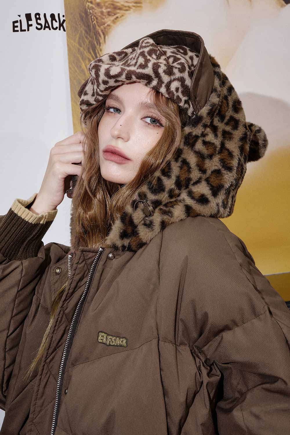 ELFSACK oversized animal ear puffer coat with leopard print hood and cozy design for added warmth