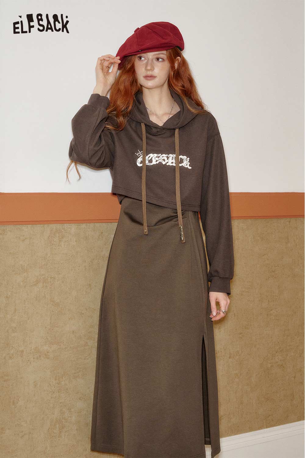 ELFSACK oversized hoodie dress for women with a cropped design and side slit in earthy tones