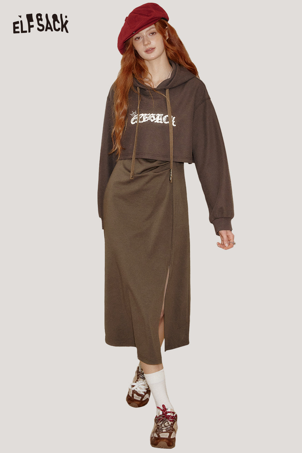 ELFSACK oversized hoodie dress for women in brown with zip detail and cropped design