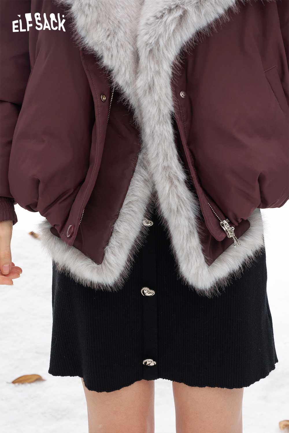 ELFSACK oversized plush down jacket women with faux fur trim for stylish winter warmth