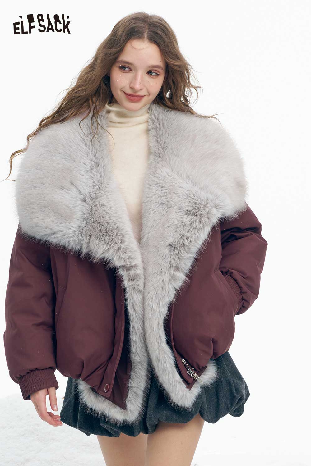 ELFSACK oversized plush down jacket women in burgundy with stylish fur collar for warmth and comfort