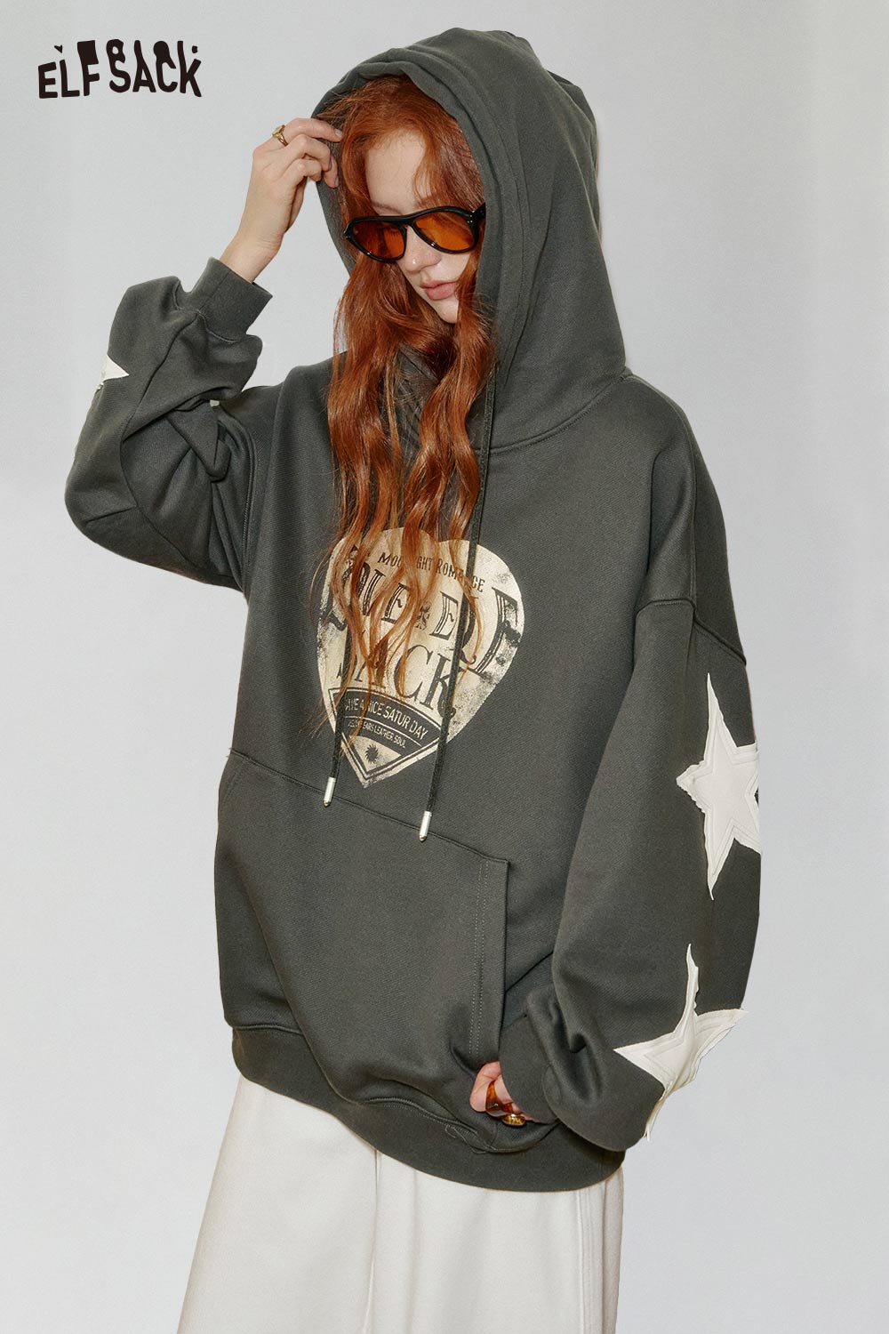 ELFSACK oversized star graphic hoodie in gray with a large pocket and star print for trendy comfort