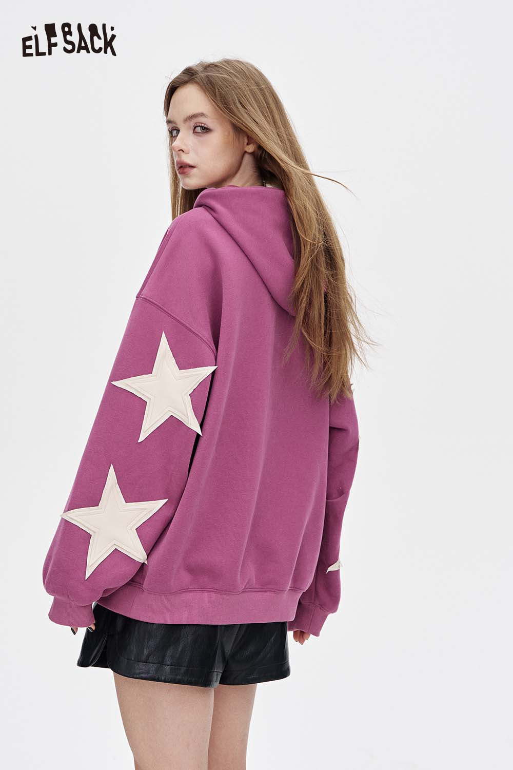 ELFSACK oversized star graphic hoodie in pink with large star accents on sleeves
