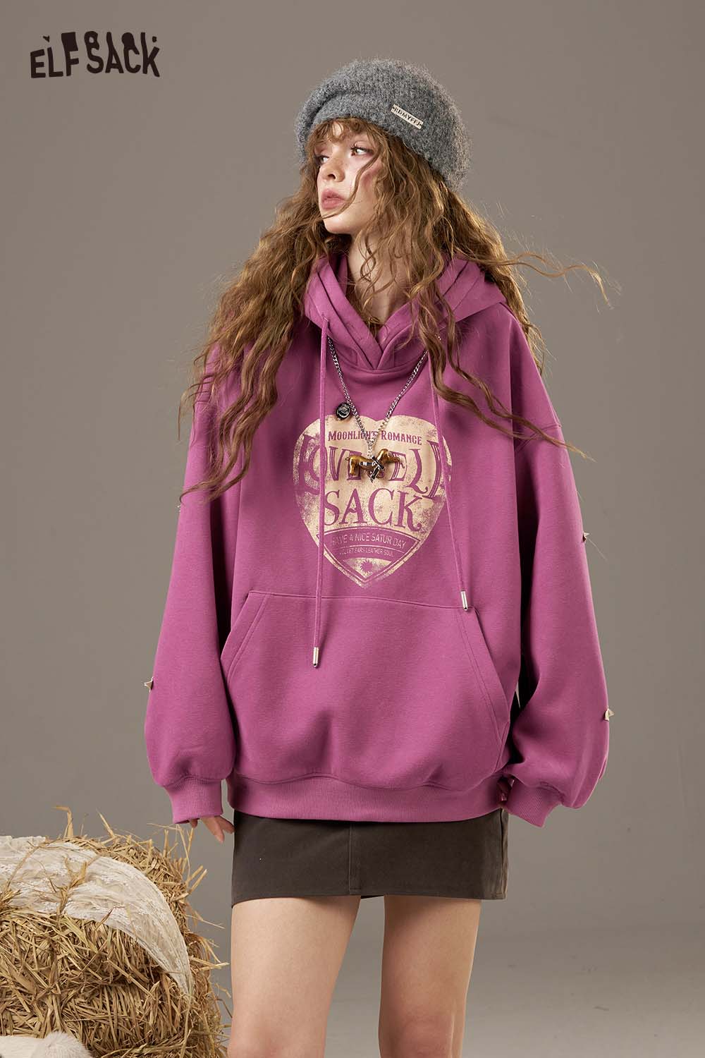 ELFSACK oversized star graphic hoodie in purple with a stylish design for casual wear